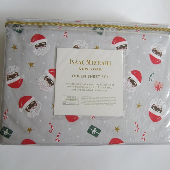 ISAAC MIZRAHI NEW YORK SANTA Issac Mizrahi New York Queen Sheet Set Santa Clause Christmas Candy Cane Present